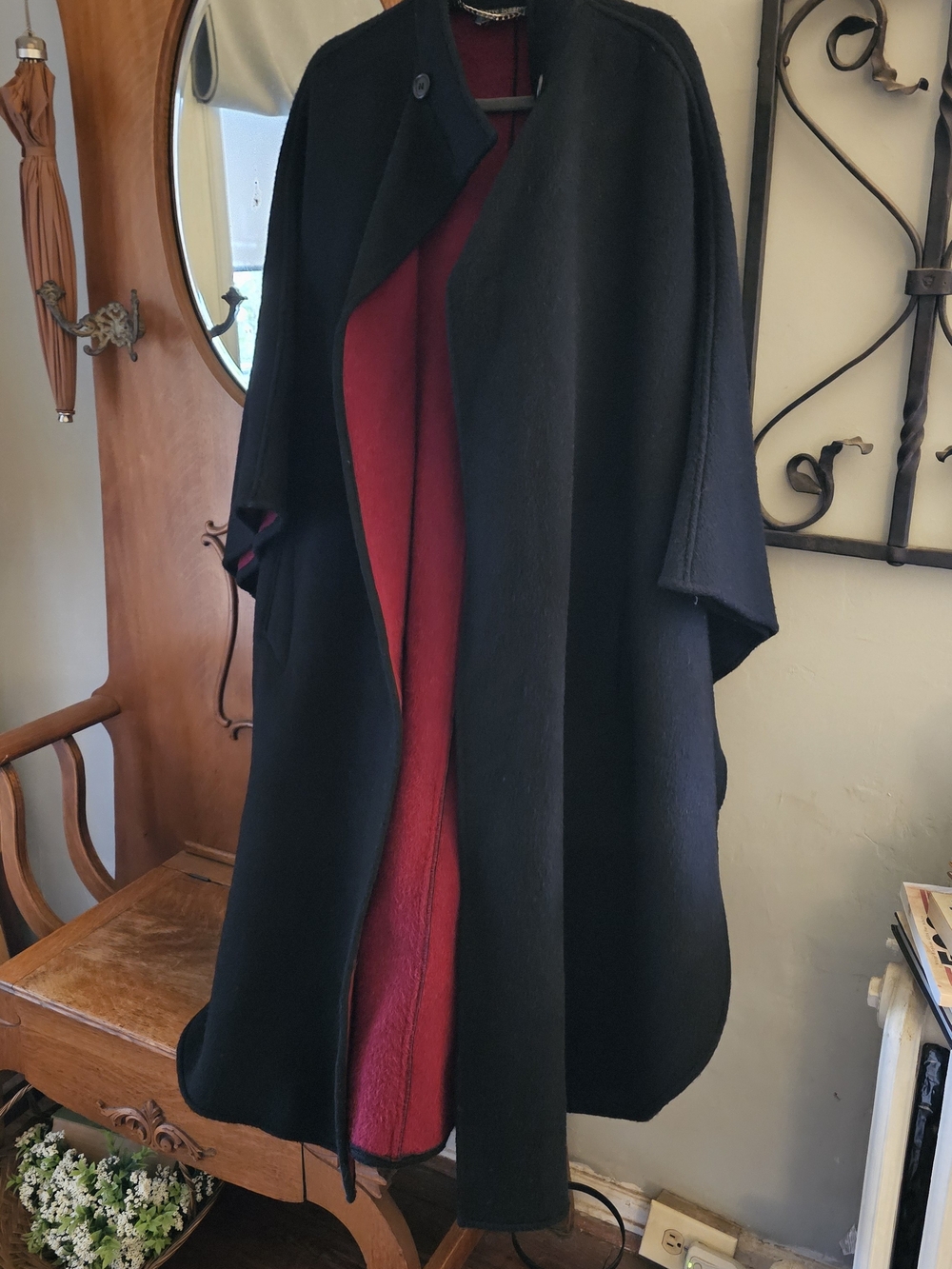 Harvé Benard Black Wool Blend Cape Coat | Burgundy Lined Minimalist Poncho Cloak